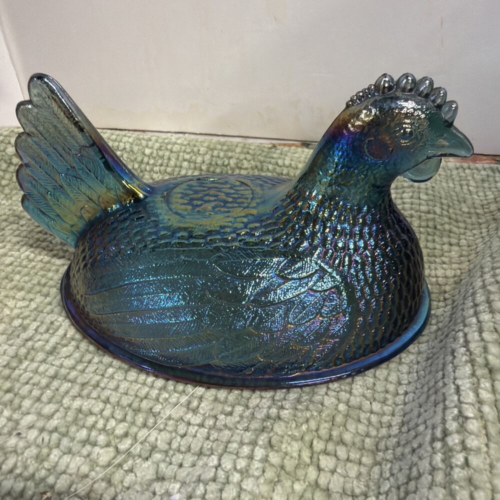 Vintage Indiana Glass Iridescent Carnival Blue Hen on Nest Top Only